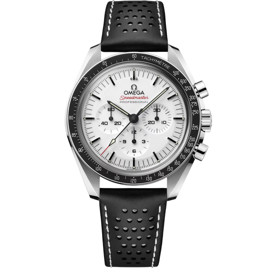 The OMEGA Speedmaster Moonwatch Professional Co-Axial Master Chronometer Chronograph 42mm features a white dial with black subdials, stainless steel case, black tachymeter bezel, perforated leather strap, and red Speedmaster text.
