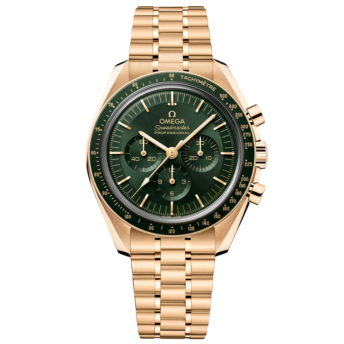 A gold wristwatch crafted in 18K Moonshine™ Gold, featuring a green dial with three subdials and a tachymetric scale on the bezel, is complemented by its gold bracelet. This iconic piece prominently displays "OMEGA Speedmaster Moonwatch Professional Co-Axial Master Chronometer Chronograph 42mm Watch" on its face.