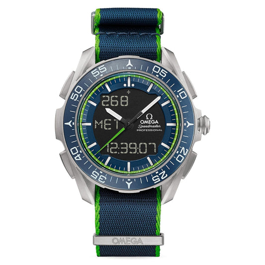 This sporty wristwatch features a blue and green fabric strap, inspired by the OMEGA Speedmaster Skywalker X-33 Chronograph Solar Impulse 45mm Limited Edition Watch, with dual displays showing time and "ME 1." The bezel is marked with numbers, while the brand "OMEGA" proudly adorns both the face and strap.