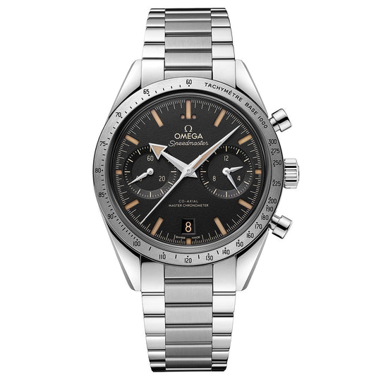The OMEGA Speedmaster 57 Co-Axial Master Chronometer Chronograph 40.5mm Watch showcases a stainless steel case, complemented by a black dial with three subdials and a tachymetric scale on its bezel. This chronograph timepiece also features a date window and comes with an elegant silver bracelet, all elegantly presented against a white background.