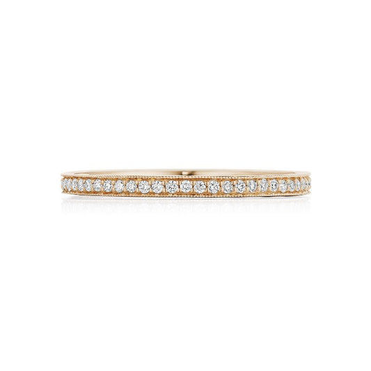 A Tacori Coastal Crescent 14K Rose Gold Round Brilliant Pavé Diamond Anniversary Ring, with pave-set diamonds forming a continuous sparkling line, embodies the elegance of Coastal Crescent and is beautifully displayed against a plain white background.
