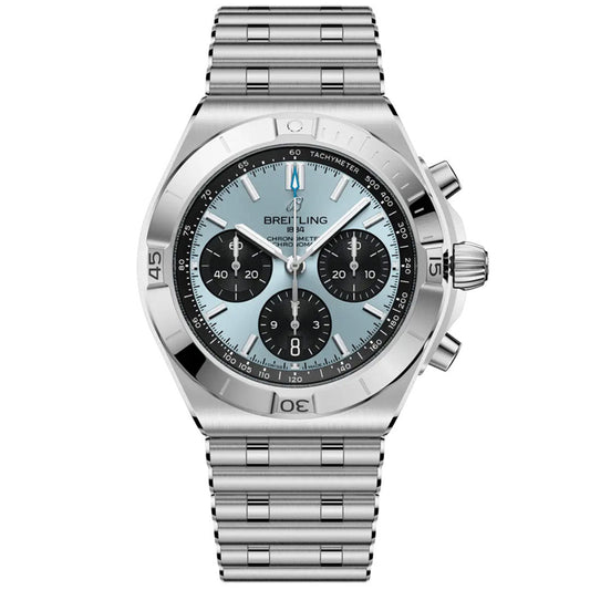 The Breitling Chronomat B01 Chronograph 42 features a stainless steel case, light blue dial with three black sub-dials, silver hands, tachymeter bezel, and a metal link bracelet.