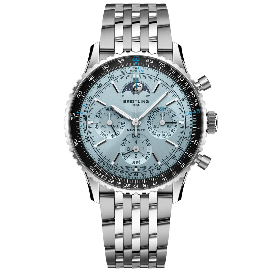 The Breitling Navitimer B19 Chronograph 43 Perpetual Calendar features a silver case, light blue dial with multiple subdials, moon phase display, perpetual calendar chronograph functions, and a metal link bracelet.
