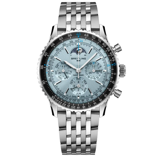 The Breitling Navitimer B19 Chronograph 43 Perpetual Calendar features a silver case, light blue dial with multiple subdials, moon phase display, perpetual calendar chronograph functions, and a metal link bracelet.