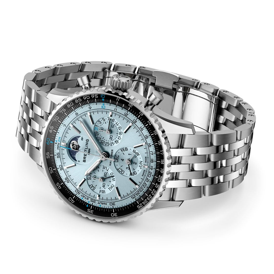 The Breitling Navitimer B19 Chronograph 43 Perpetual Calendar features a silver metal link band, ice-blue dial with multiple subdials, moonphase, perpetual calendar chronograph, a black bezel, and detailed craftsmanship.