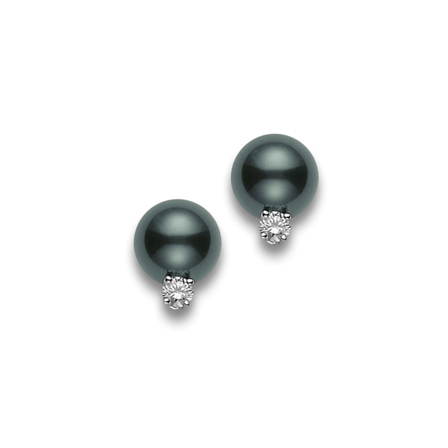 Introducing the Mikimoto 18K White Gold Diamond with Black South Sea Pearl Stud Earrings: an exquisite pair of earrings showcasing round black South Sea pearls, each enhanced by a dazzling diamond set beneath them, all elegantly crafted in 18 Karat white gold against a plain white background.