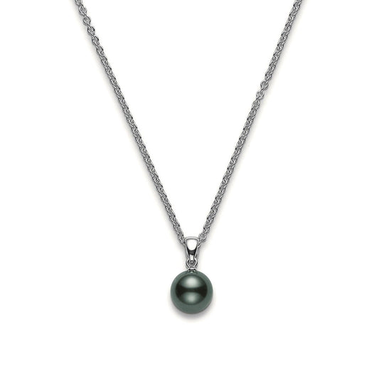 The Mikimoto 18K White Gold Black South Sea Pearl Necklace Pendant elegantly showcases a black South Sea cultured pearl, gracefully suspended from a thin and delicate 18-karat white gold chain against a white background.
