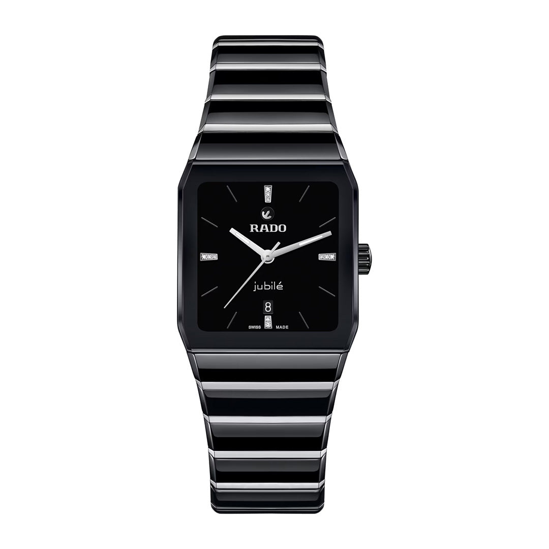 A rectangular black RADO Anatom Automatic 27.5mm wristwatch featuring a black dial with silver hands, diamond hour markers, and a striped high-tech ceramic bracelet. The date is displayed at the 6 o’clock position.