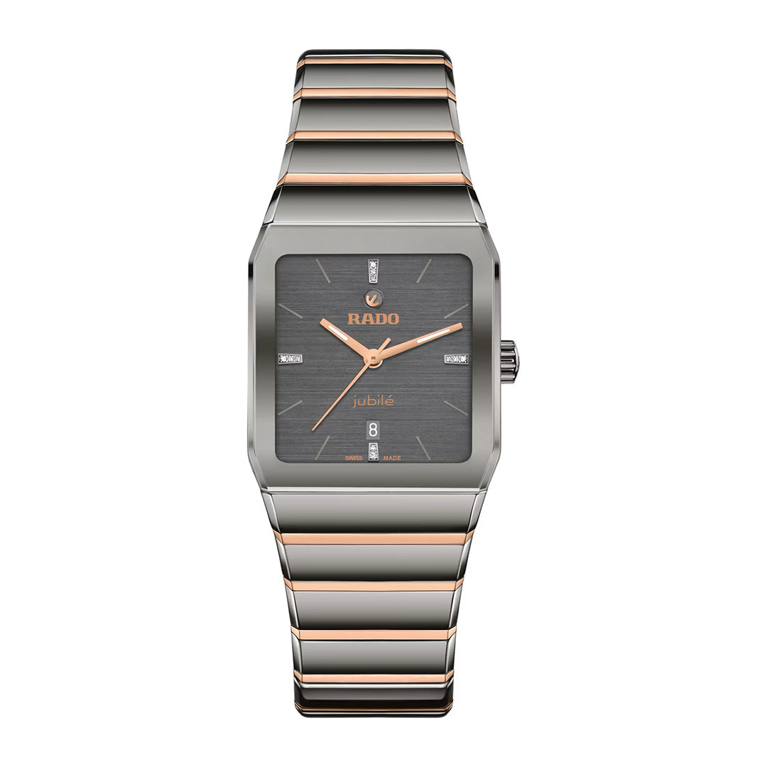 Introducing the RADO Anatom Automatic 27.5mm Watch—a refined timepiece from RADO, featuring a rectangular black dial with rose gold hands and markers, a sophisticated silver and rose gold two-tone bracelet, and a convenient date display at the 6 o’clock position. Inspired by the iconic Anatom collection, this automatic watch exemplifies contemporary design and expert craftsmanship.
