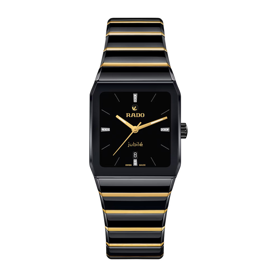 The RADO Anatom Automatic 27.5mm Watch features a sleek black high-tech ceramic case with a rectangular dial, gold hour markers, three hands, and a date display. Its distinctive black and gold-striped bracelet enhances the elegant design of this luxurious automatic timepiece from RADO.
