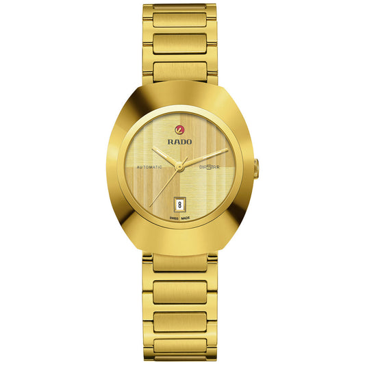 The RADO Diastar Original Automatic 30mm Watch features a round gold-tone dial with date at 6 o’clock, "RADO" and "Automatic" on the face, and a matching gold metal bracelet.