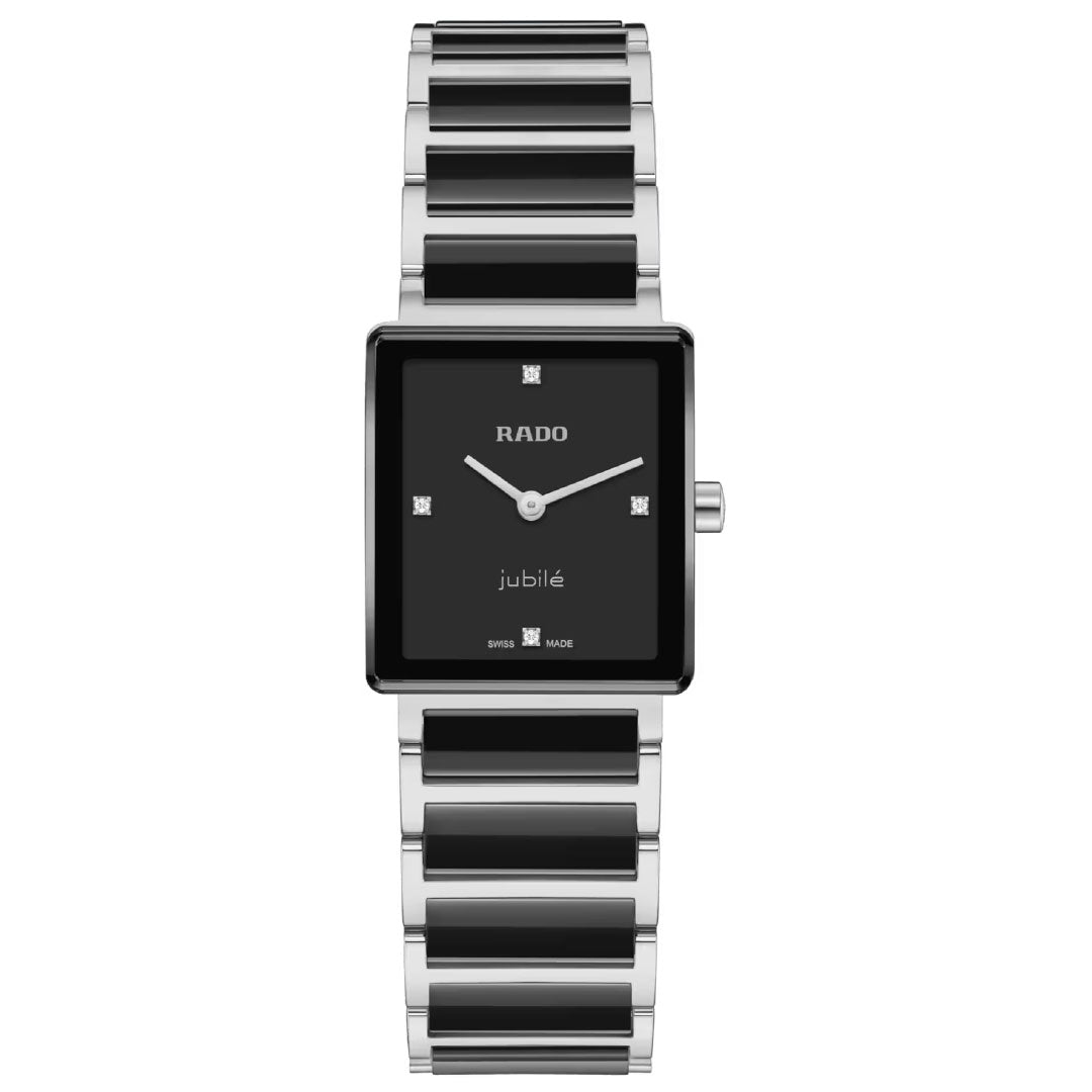The RADO Integral Diamonds Quartz 23mm Watch features a square black dial with four diamond markers, a silver-and-black high-tech ceramic bracelet, minimalist design, single right crown, and a scratch-resistant sapphire crystal.