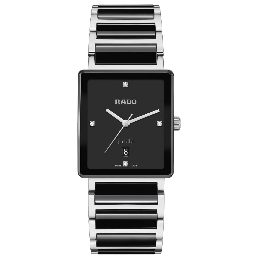 The RADO Integral Diamonds Quartz 31.5mm Watch features a black dial with four diamond markers, date display, and a silver and black ceramic link bracelet, all protected by a scratch-resistant sapphire crystal.