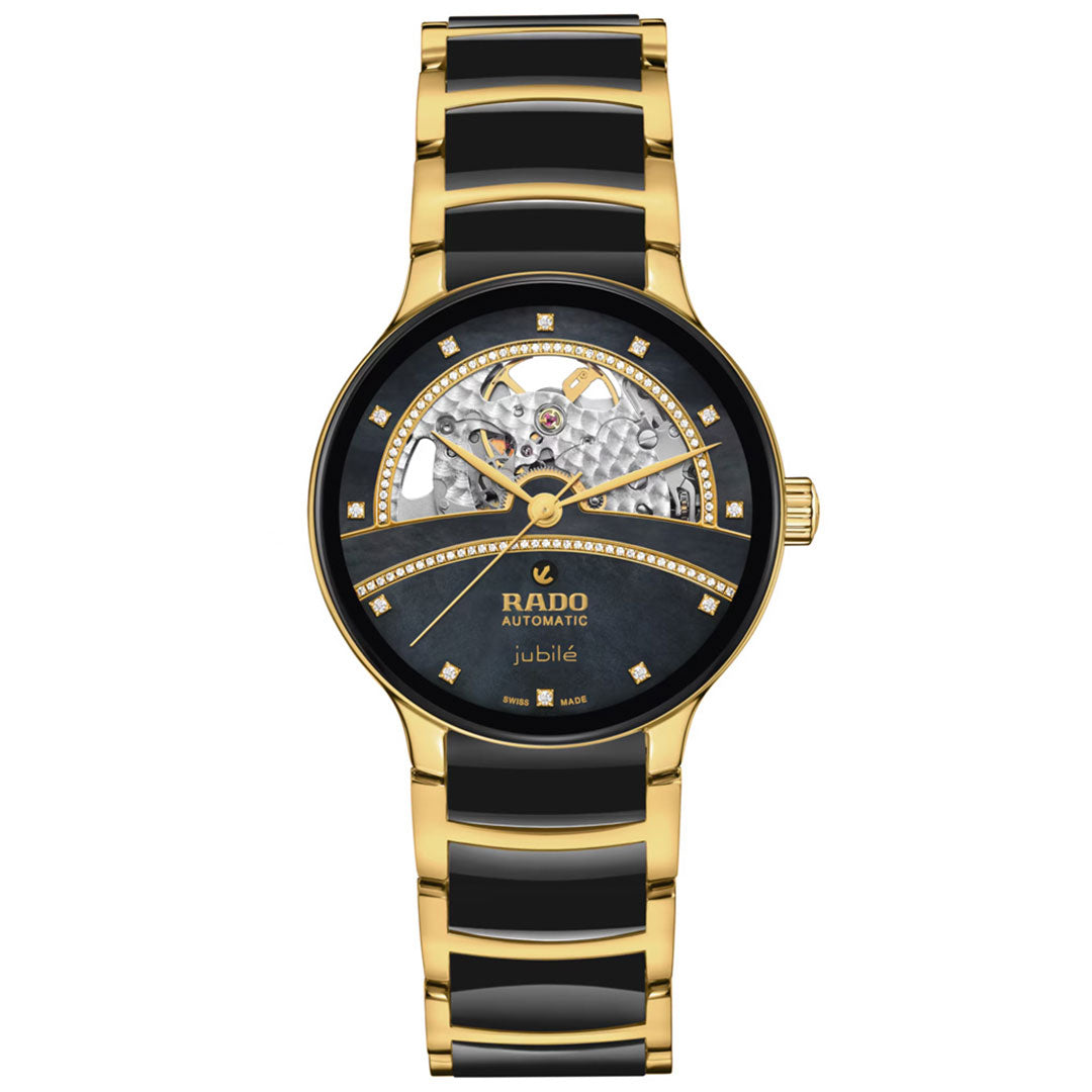 Introducing the RADO Centrix Open Heart Automatic 35mm Watch—a stunning gold and black timepiece by RADO, showcasing a captivating open-heart mechanism, radiant diamond hour markers, a sleek black mother-of-pearl dial, and a coordinating black and gold metal bracelet.