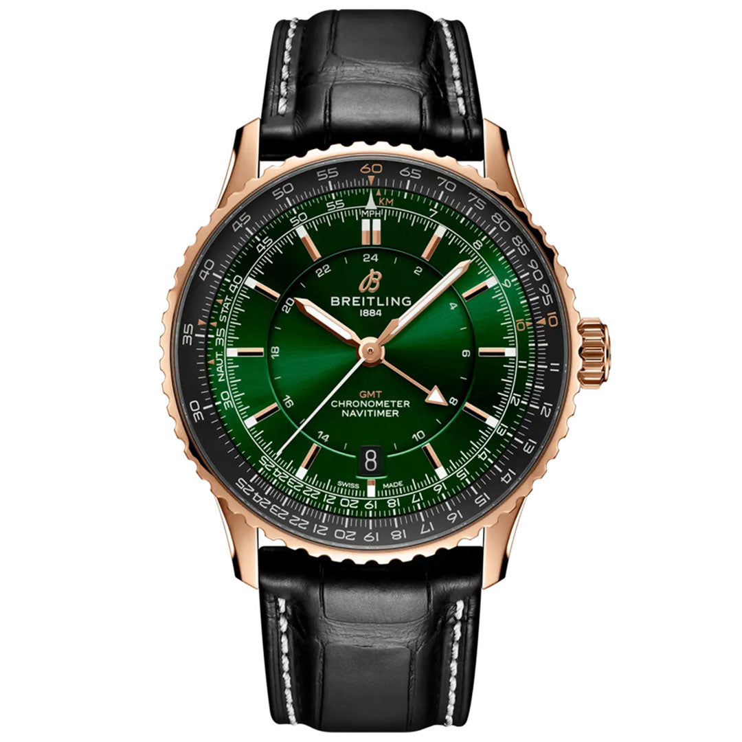 The Breitling Navitimer Automatic GMT 41 luxury pilot watch by Breitling features a green dial, gold bezel, black leather strap, and chronometer functions, displayed on a white background.