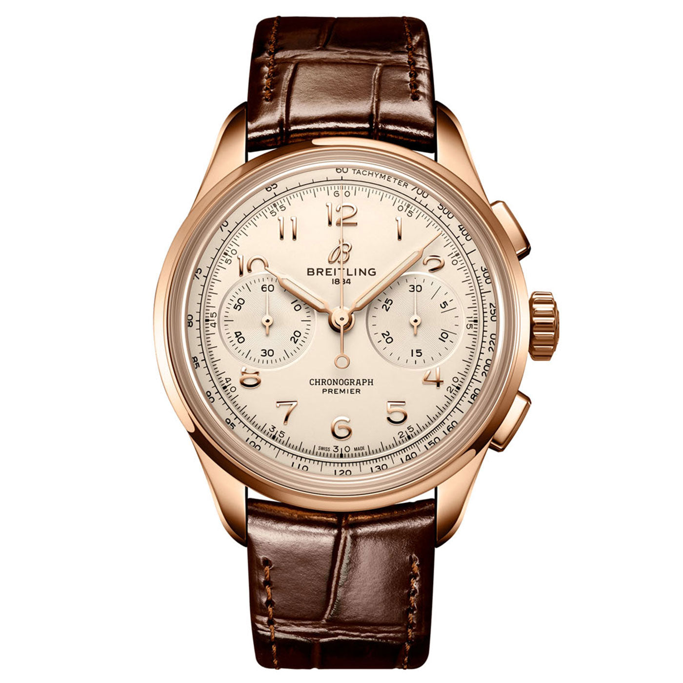 This luxurious Breitling Premier B09 Chronograph 40, featuring a brown leather strap and a gold-tone case, exemplifies the art of watchmaking. Its dial includes three subdials, a tachymeter scale, and gold-tone hands and markers. The Breitling brand name adorns the upper section of this Premier Chronograph dial.