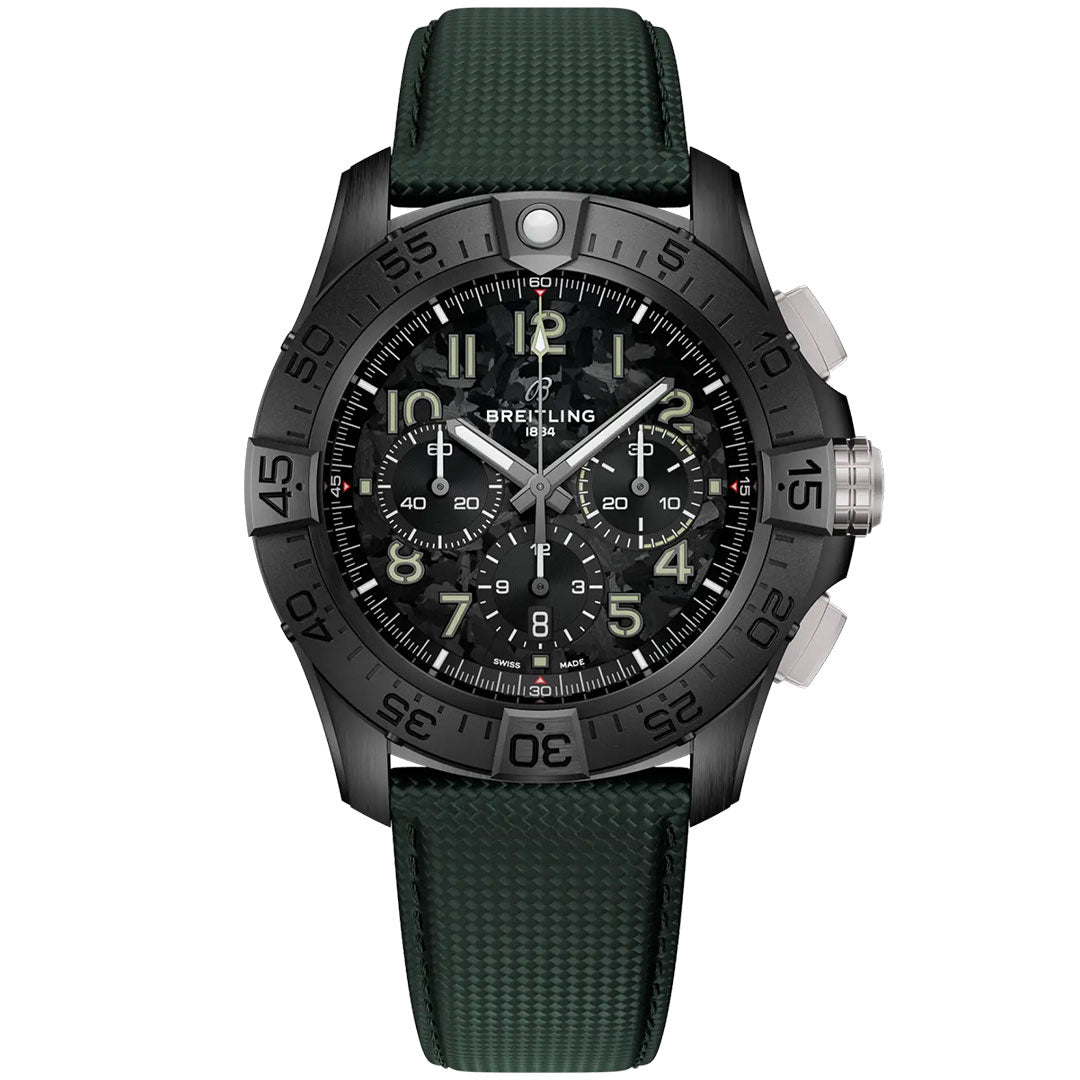 The BREITLING Avenger B01 Chronograph 46 Night Mission features a black aviation-style dial with multiple subdials, luminous hands, Arabic numerals, a dark stainless steel case, textured dark green strap, and silver side buttons.