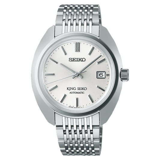 The Seiko King Seiko Automatic With Manual Winding 39.4mm Watch features a silver stainless steel case and bracelet, complemented by a round dial with silver hour markers and the "King Seiko Automatic" inscription. The watch's polished bezel adds to its sophistication, while the date display is strategically positioned at 3 o'clock on its intricately textured link band.