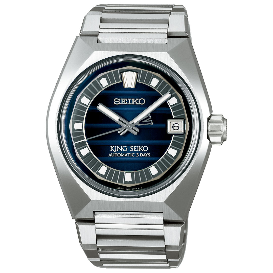 The Seiko King Seiko Vanac Automatic with Manual Winding is a 41mm stainless steel watch featuring a blue dial, silver hour markers, a date window at 3 o’clock, and a metal bracelet.