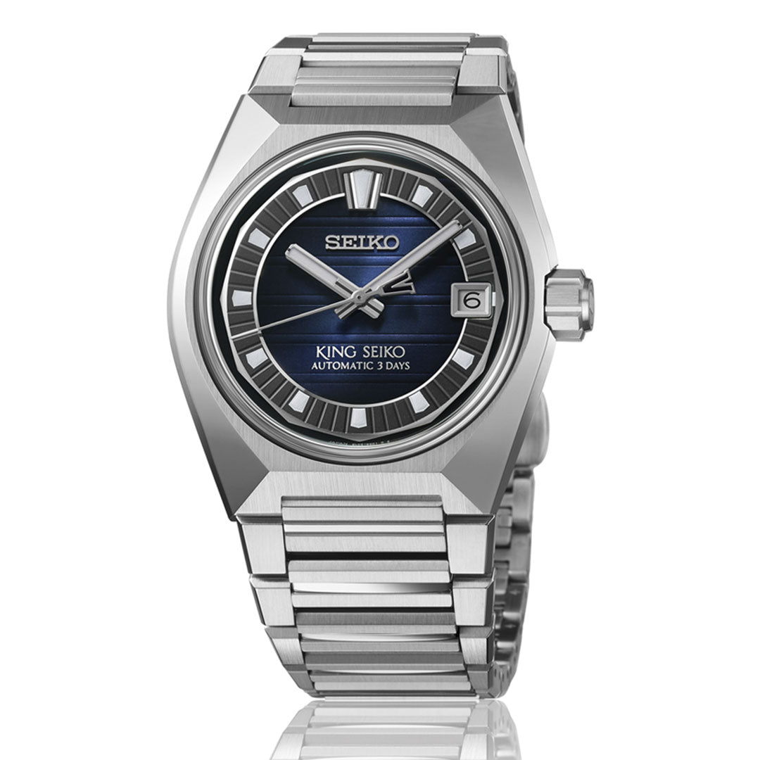 The Seiko King Seiko Vanac Automatic with Manual Winding 41mm Watch features a silver stainless steel case, blue and black gradient dial, silver hour markers, a date window at 3 o'clock, and "KING SEIKO AUTOMATIC 3 DAYS" above 6 o'clock.