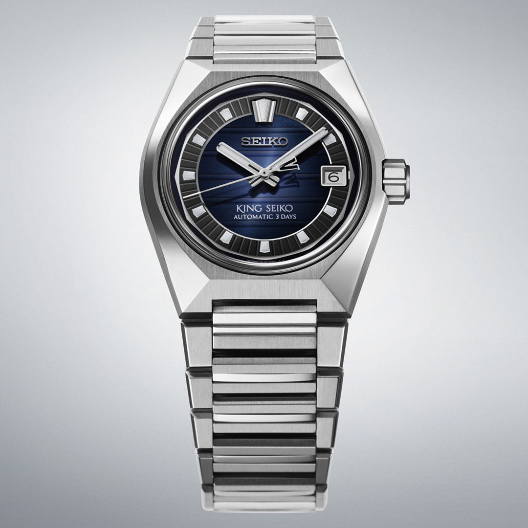 The Seiko King Seiko Vanac Automatic with Manual Winding 41mm Watch features a stainless steel bracelet, blue-black gradient dial with silver indices and bold hands, plus a date window at 3 o'clock.