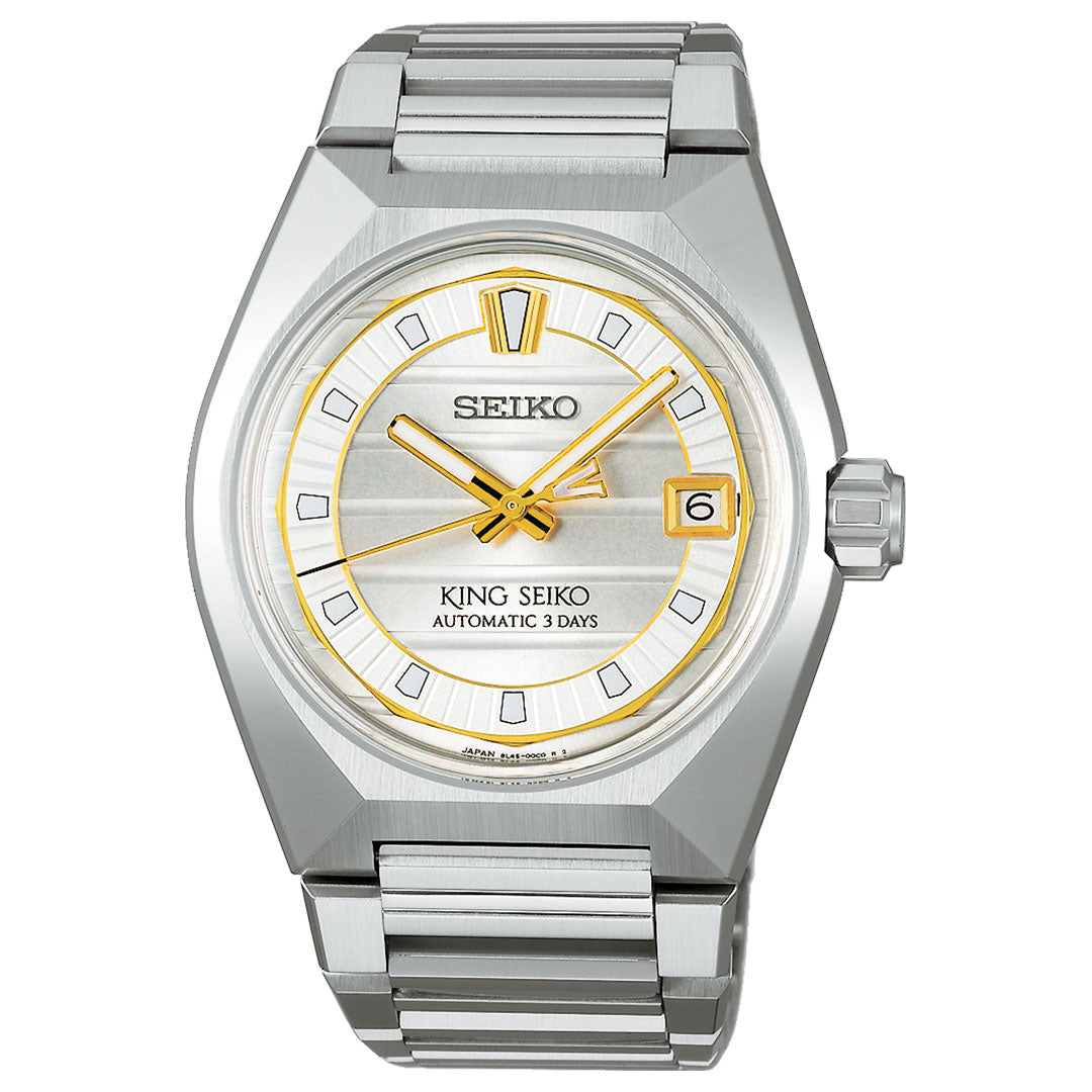 The Seiko King Seiko Vanac Automatic with Manual Winding 41mm Watch features a silver metallic strap, gold accents, white dial, gold hour markers and hands, date window at 3 o'clock, and "King Seiko Automatic 3 Days" text.