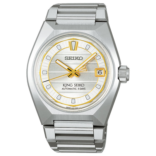 The Seiko King Seiko Vanac Automatic with Manual Winding 41mm Watch features a silver metallic strap, gold accents, white dial, gold hour markers and hands, date window at 3 o'clock, and "King Seiko Automatic 3 Days" text.