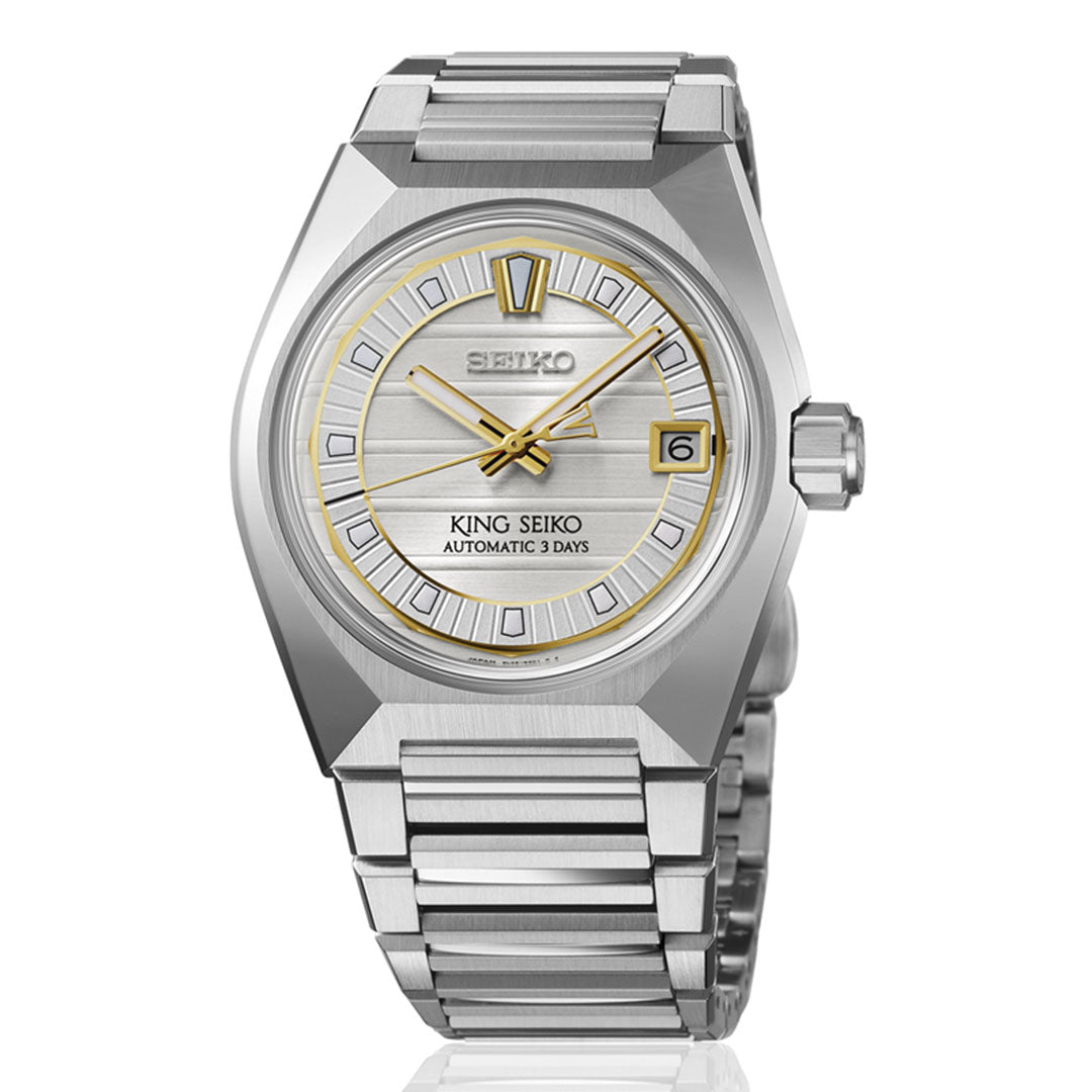 The Seiko King Seiko Vanac Automatic with Manual Winding 41mm Watch features a silver dial, metallic bracelet, gold-tone hands and markers, a date window at 3 o’clock, and “KING SEIKO AUTOMATIC 3 DAYS” above 6 o’clock.