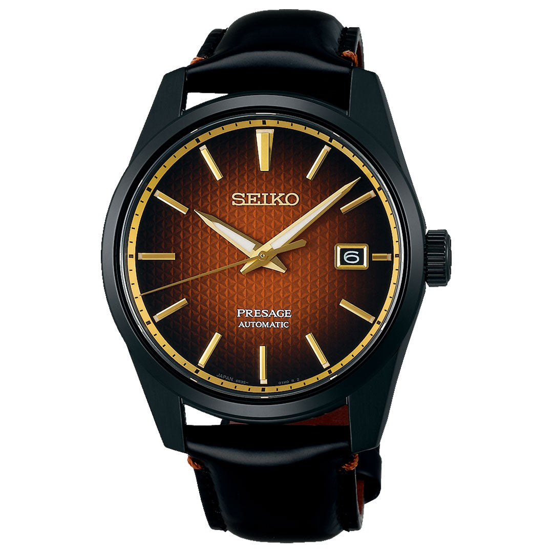 The Seiko Presage Sharp Edged Series Kabuki-Inspired Automatic 39mm Watch is a limited edition of 2,000 pieces, featuring a dark brown textured dial, gold markers and hands, black case, date at 3 o'clock, and black leather strap.