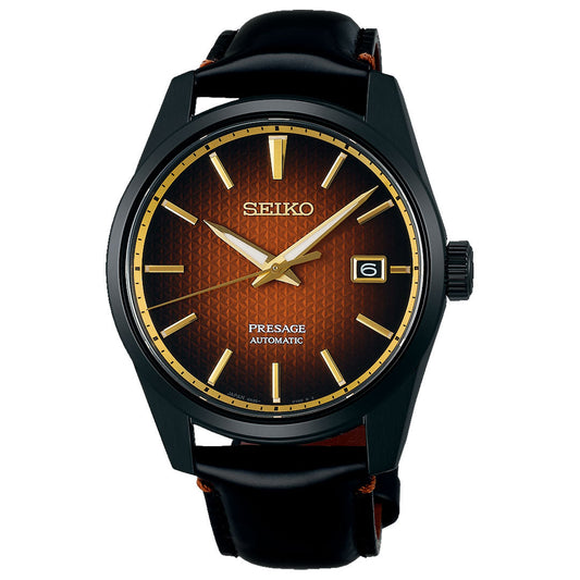 The Seiko Presage Sharp Edged Series Kabuki-Inspired Automatic 39mm Watch is a limited edition of 2,000 pieces, featuring a dark brown textured dial, gold markers and hands, black case, date at 3 o'clock, and black leather strap.