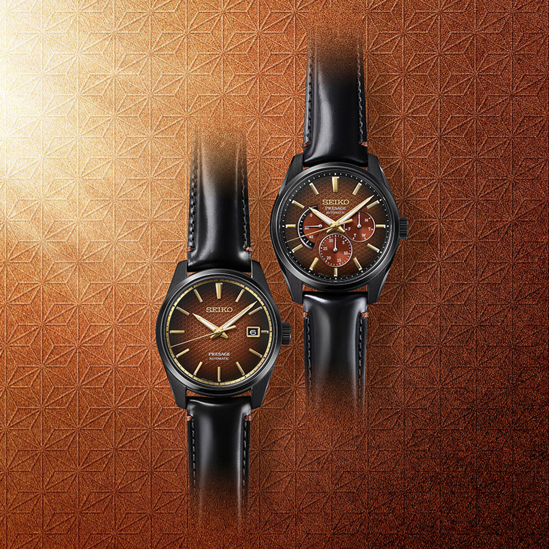 Two Seiko Presage Sharp Edged Series Kabuki-Inspired 39mm Limited Edition (2,000 pcs) watches with brown dials, gold accents, and black leather straps are displayed side by side on a geometric-patterned brown background.