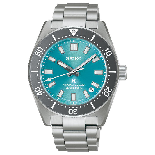 The Seiko Prospex Sea 1965 Heritage Diver's Save The Ocean Automatic 40mm Watch, a limited edition of 4,000 pieces, features a turquoise blue dial, silver markers and hands, black rotating bezel, stainless steel bracelet, and is water resistant to 300m.