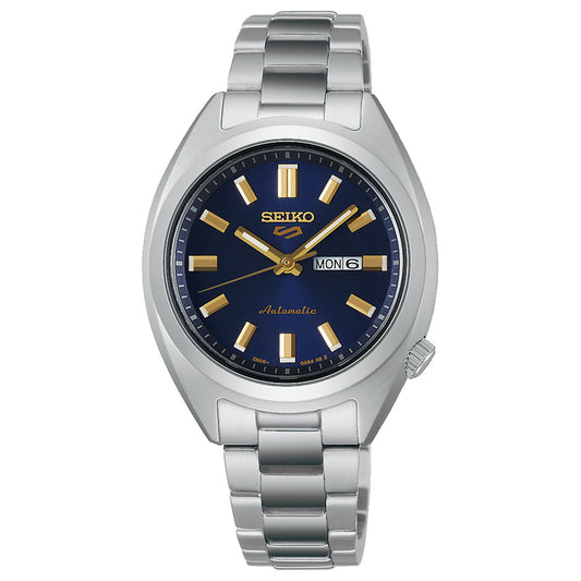 The Seiko 5 Sports SNXS Series Automatic 32mm Watch features a silver case, blue dial, gold hour markers and hands, date/day display at 3 o’clock, and a metal link bracelet.