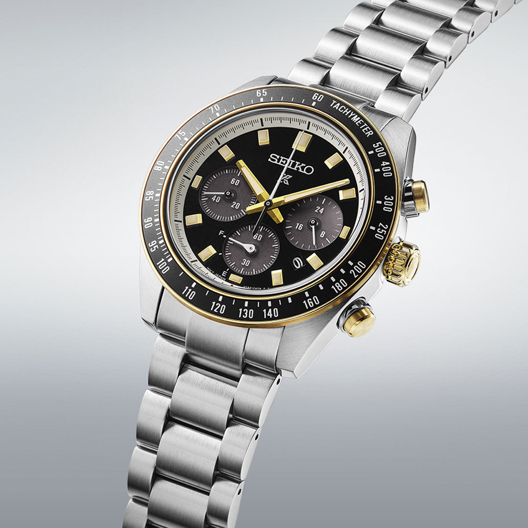 The Seiko Prospex Speedtimer Solar 41.4mm Watch is a solar-powered timepiece that features a robust design with a stainless steel case and a striking black and gold dial. It includes three subdials, a tachymeter scale on the bezel, and two gold-tone pushers. The polished bracelet enhances this stylish watch, which exemplifies quality craftsmanship from Seiko.