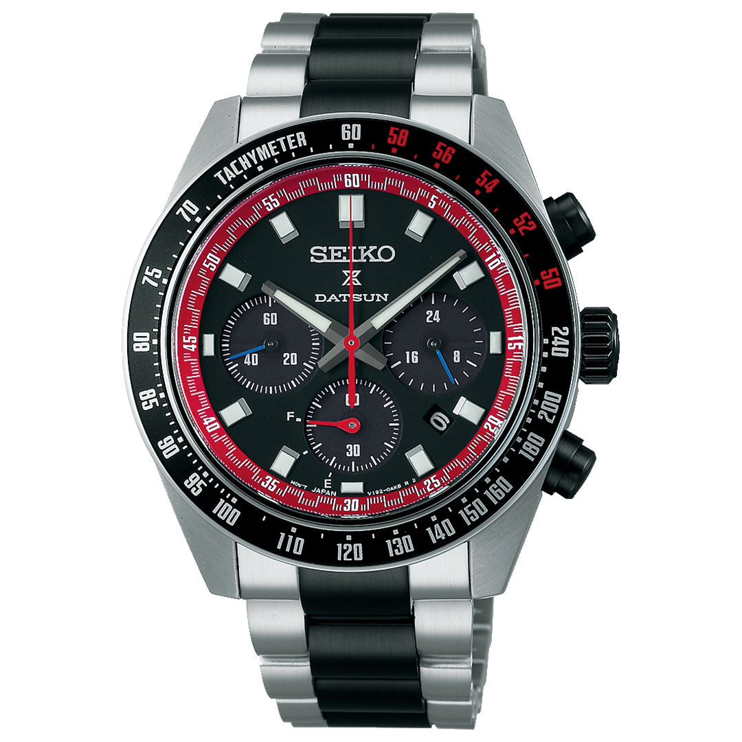 The Seiko Prospex Speedtimer Datsun 240Z Solar 41.4mm Limited Edition (4,000 pieces) features a black-and-red tachymeter bezel, black dial with three subdials, "SEIKO" and "DATSUN" logos, and a stainless steel bracelet with black center links.