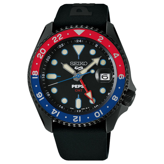 The Seiko 5 Sports SKX Series Pepsi Automatic 42.5mm Watch is a limited edition of 7,000 featuring a black dial, large white markers, half blue/half red bezel, black strap, date window at 3 o'clock, and a red GMT hand.