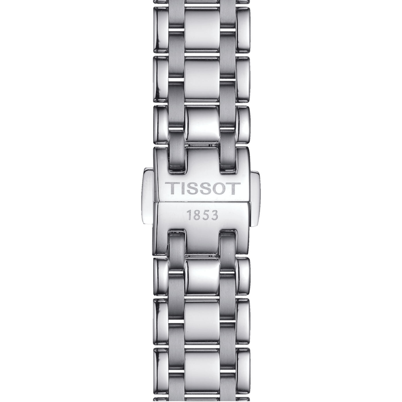 Close-up of a silver metal watchband featuring a link design, paired with the Tissot Bellissima Automatic 29mm Watch's stainless steel case. The clasp showcases the precision of Swiss automatic movement, adding elegance to your timepiece experience by Tissot.