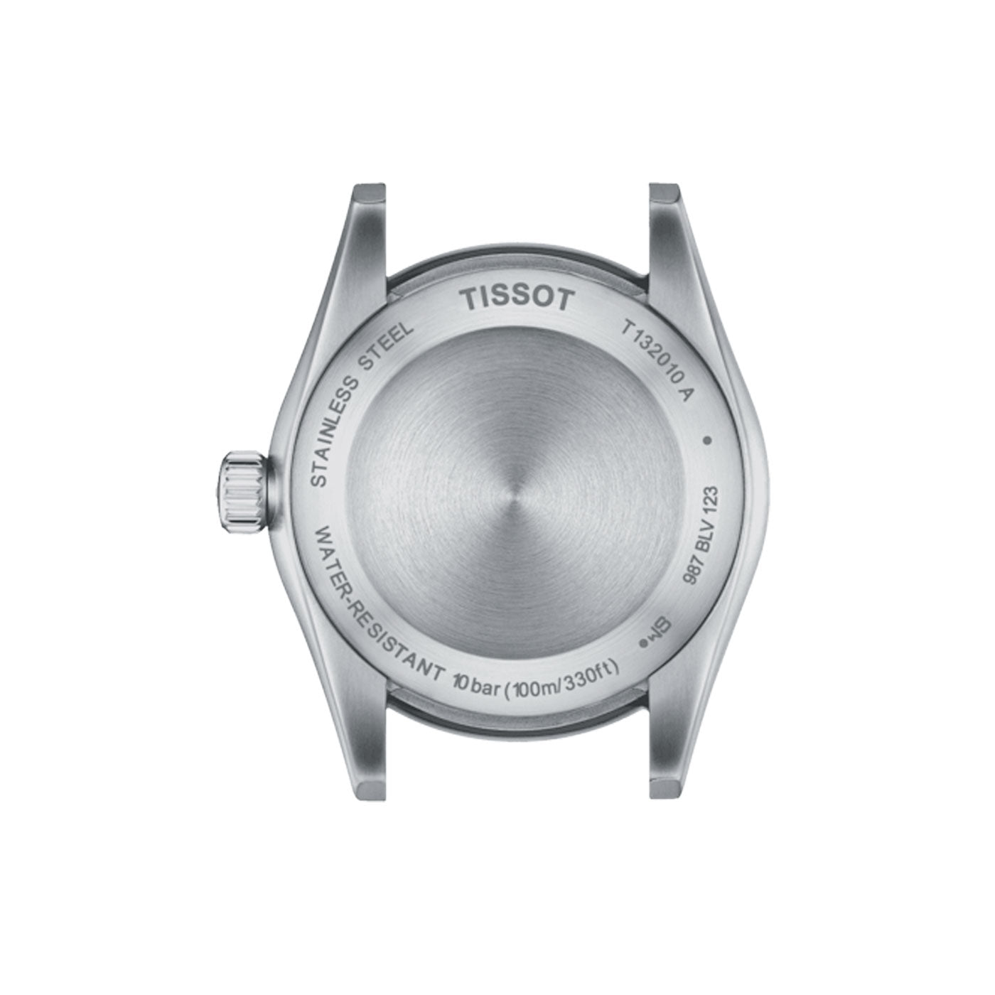 Back view of the Tissot T-My Lady Quartz 29mm stainless steel watch case, showcasing details including water resistance up to 10 bar (100m/330ft) and model number. The 316L stainless steel case is equipped with a Swiss Quartz Movement and features a scratch-resistant sapphire crystal for enduring durability.