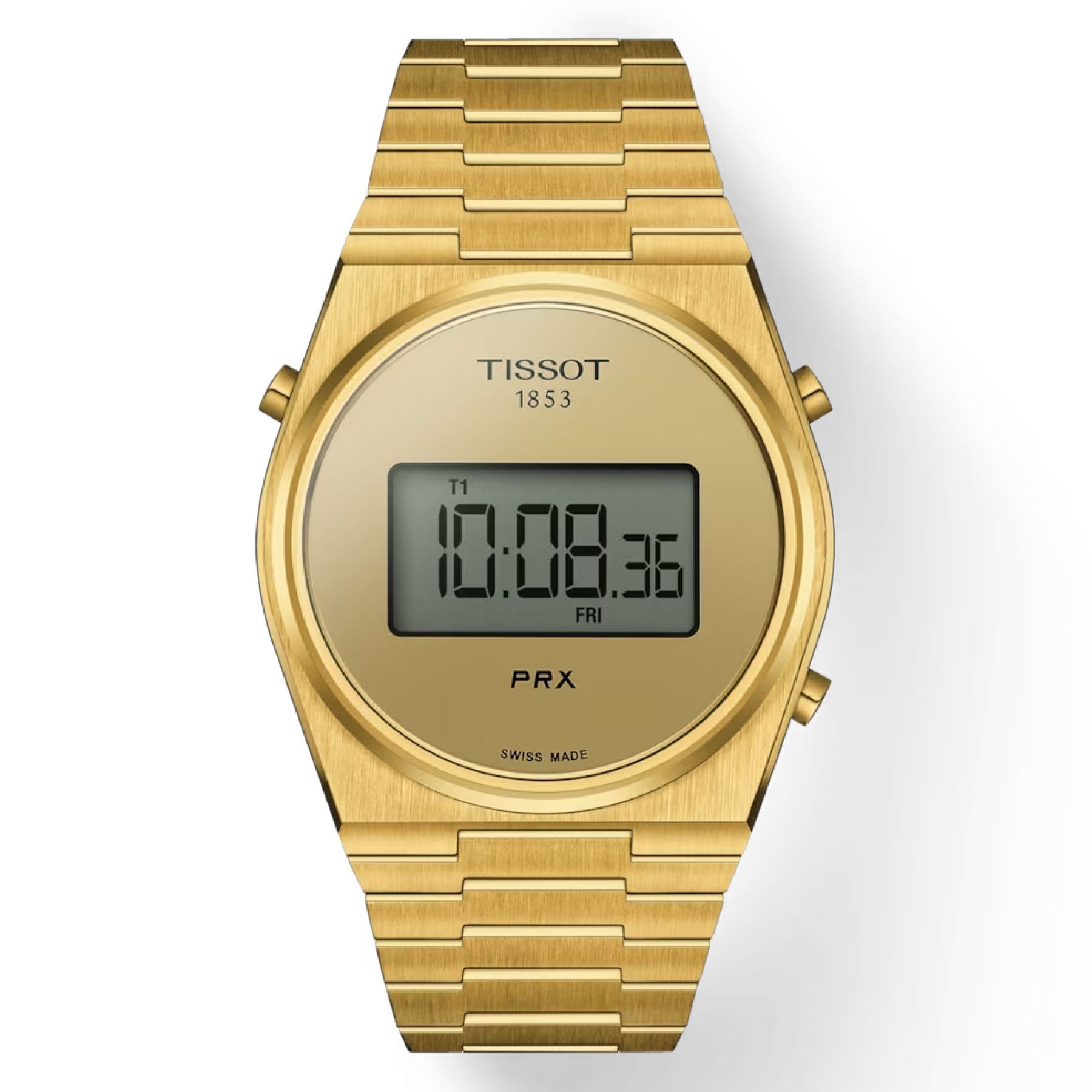 A gold Tissot PRX Digital Quartz 40mm watch with a metallic band highlights its retro aesthetics. The digital display shows "10:08.36" on a Friday, prominently displaying "Swiss Made" at the bottom, epitomizing the precision of its Swiss Quartz movement.