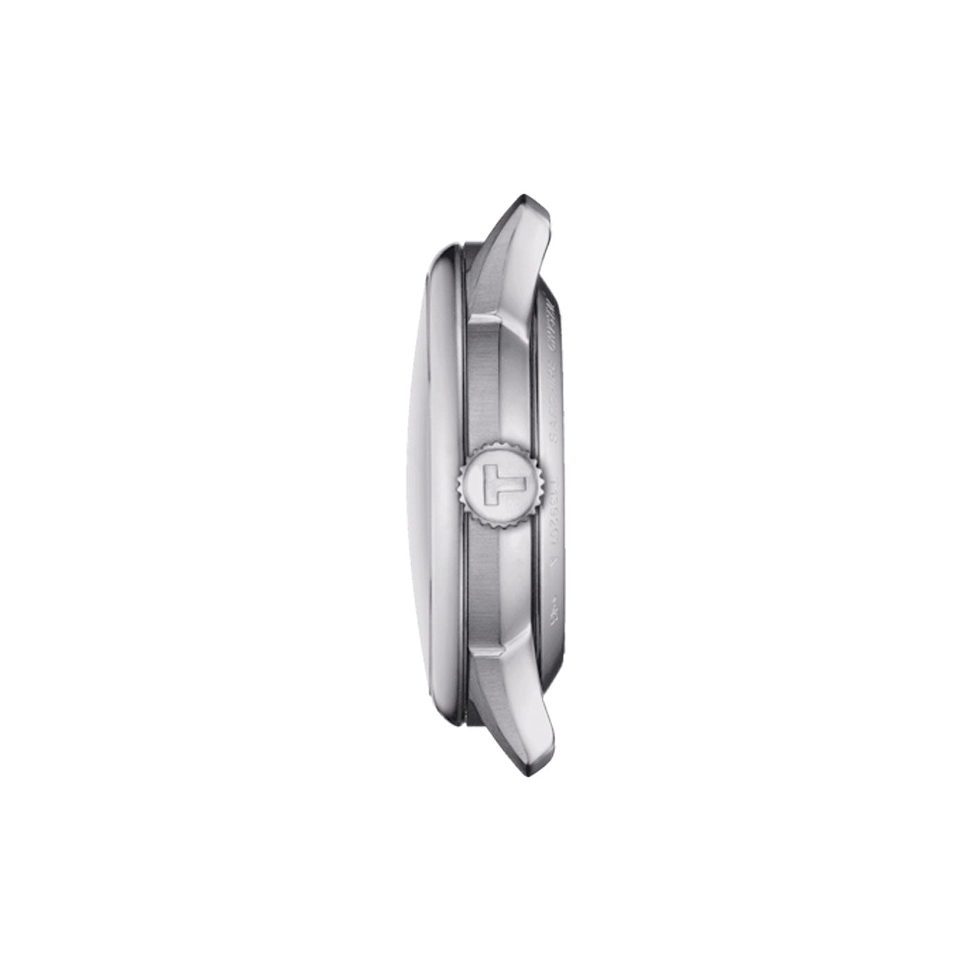 Side view of the Tissot Chemin Des Tourelles Powermatic 80 Automatic 34mm Watch in silver, showcasing a round, ridged crown on the right. The sleek metallic casing includes two lugs for strap attachment. With its minimalist and modern design, it is powered by a Swiss automatic movement.