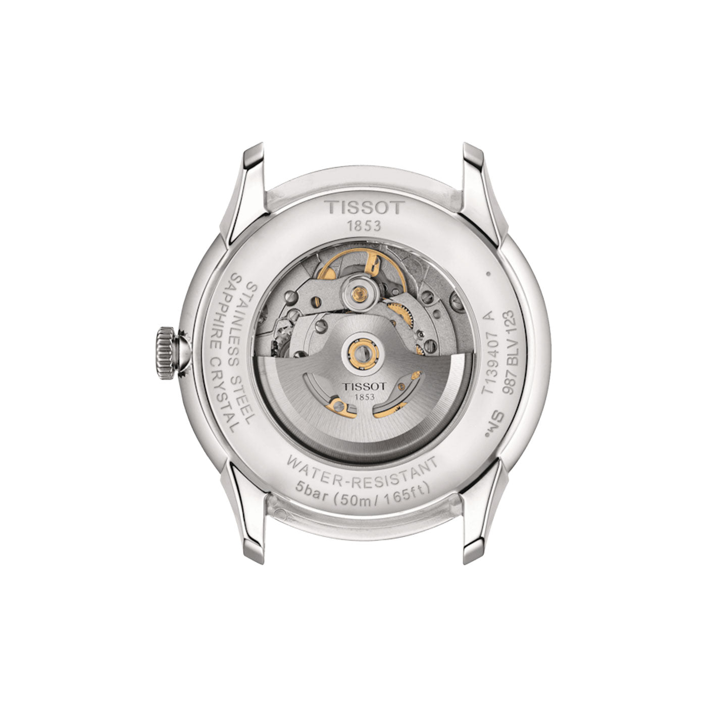 The image showcases the back of a Tissot Chemin Des Tourelles Powermatic 80 Automatic 42mm Watch, highlighting its Powermatic 80 movement. The case is made from 316L stainless steel and features a transparent sapphire crystal that exposes the watch's intricate inner mechanisms. Engravings provide information on water resistance and model details.