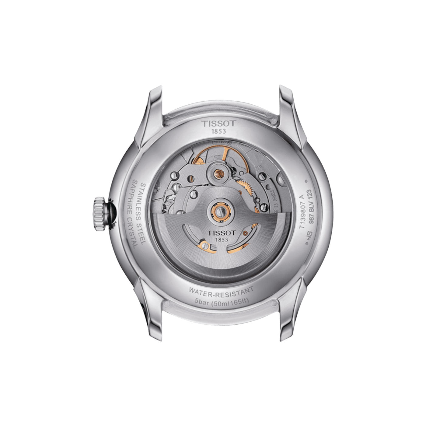 The image showcases the back of the Tissot Chemin Des Tourelles Powermatic 80 Automatic 39mm Watch with a transparent case, revealing the intricate Swiss Automatic Movement inside. This stainless steel watch features water resistance and sapphire crystal, along with the innovative Nivachron Balance Spring for enhanced performance.