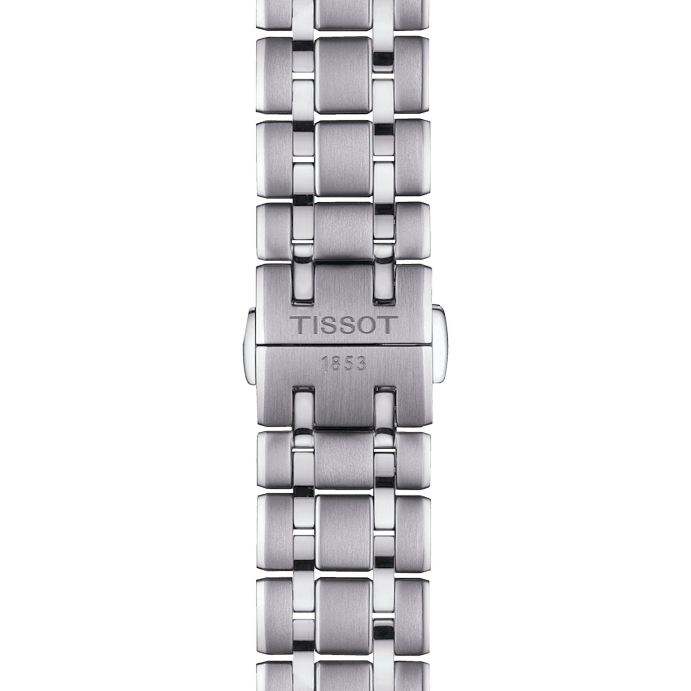 This close-up showcases the Tissot Chemin Des Tourelles Powermatic 80 Automatic 39mm Watch, featuring a silver metal band with a central clasp inscribed with "TISSOT" and "1853," highlighting its heritage. The polished, interlinked band embodies classic design elements that perfectly complement the Swiss Automatic Movement inside.