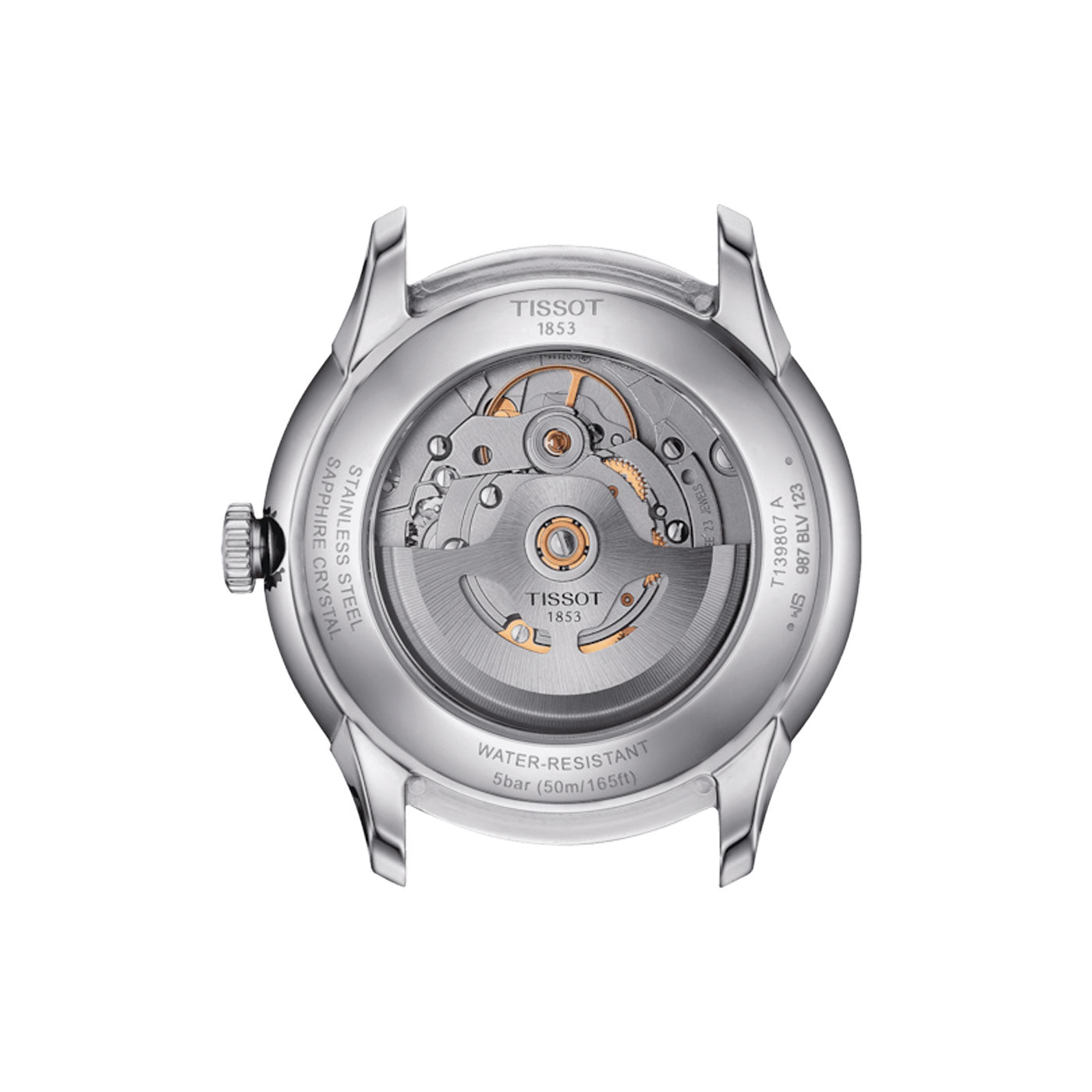 View of the Tissot Chemin Des Tourelles Powermatic 80 Automatic 42mm Watch highlighting its Powermatic 80 movement. The transparent caseback reveals the complex gears and Nivachron balance spring inside, surrounded by a stainless steel finish. Branding and water resistance details are elegantly engraved on the outer rim.