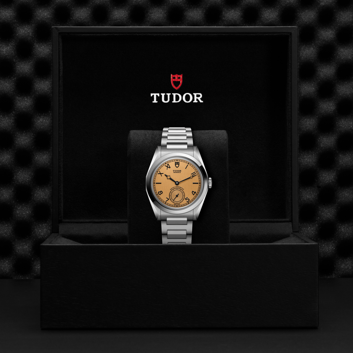 The TUDOR Monarch luxury watch features a light brown dial and silver metal band, elegantly displayed upright in a black box with the TUDOR logo inside—a testament to exquisite craftsmanship.