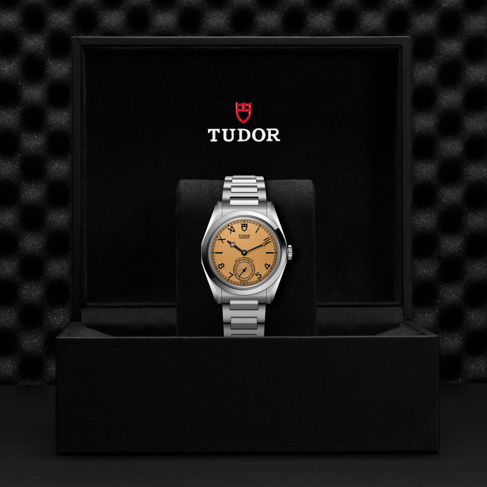 The TUDOR Monarch luxury watch features a light brown dial and silver metal band, elegantly displayed upright in a black box with the TUDOR logo inside—a testament to exquisite craftsmanship.