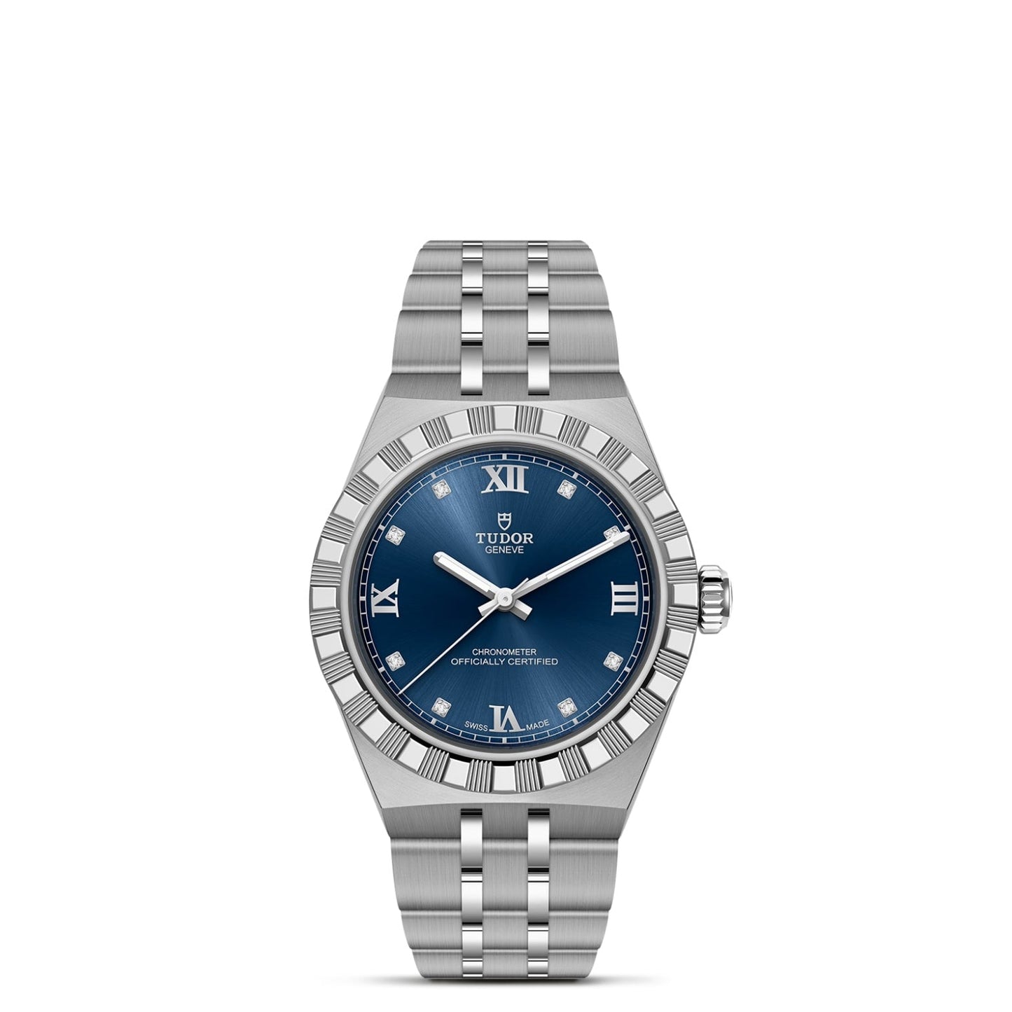 The TUDOR Royal by TUDOR features a silver case, blue dial with Roman numerals, and a metal link bracelet, highlighted on a white background—showcasing the refined sport-chic style of an automatic wristwatch.