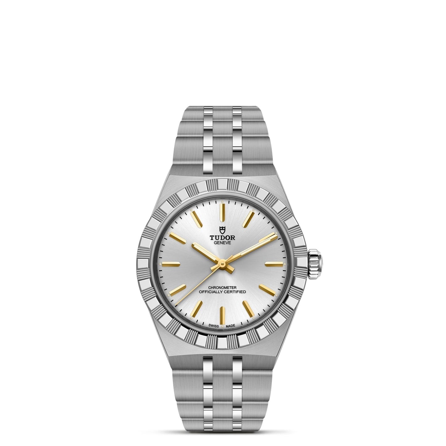 The TUDOR Royal by TUDOR features a silver dial, gold hour markers and hands, fluted bezel, and stainless steel bracelet. This automatic sport-chic wristwatch displays the Tudor logo under 12 o’clock and text above 6 o’clock.