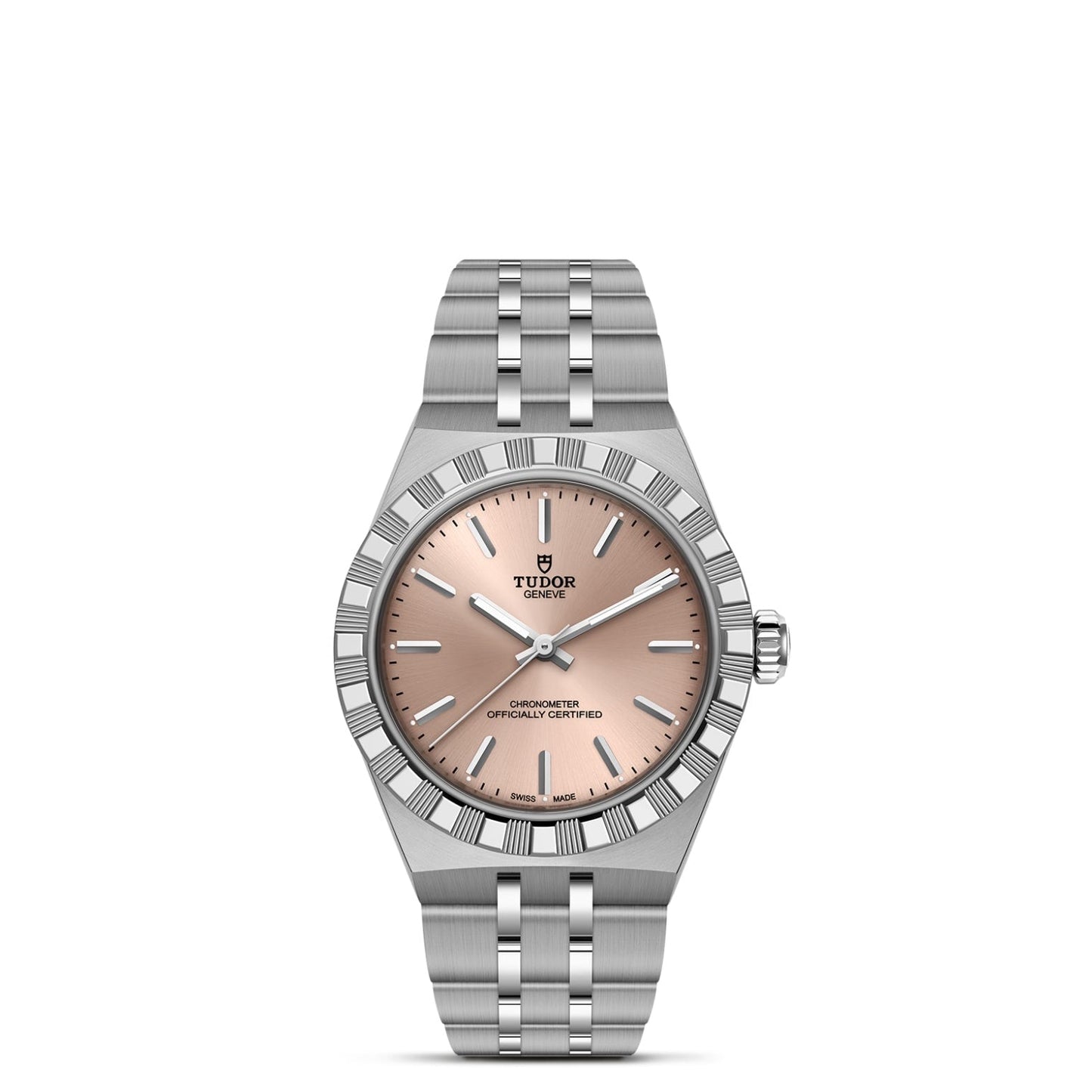 The TUDOR Royal by TUDOR features a fluted bezel, salmon dial, silver markers and hands, and a steel link bracelet—an elegant automatic sport-chic wristwatch shown on a plain white background.
