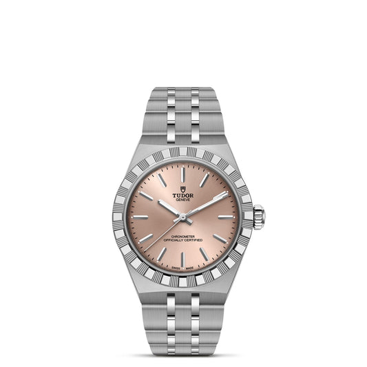 The TUDOR Royal by TUDOR features a fluted bezel, salmon dial, silver markers and hands, and a steel link bracelet—an elegant automatic sport-chic wristwatch shown on a plain white background.
